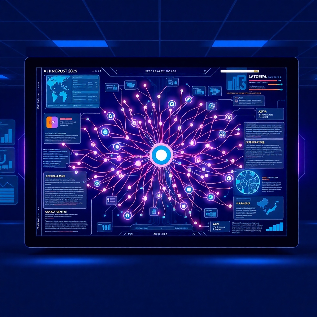 A futuristic, sleek AI interface displaying a complex, flowing neural network diagram with data streams moving in real-time, surrounded by holographic visualizations of contextual information, deep blue and purple color scheme, digital, highly detailed, 8k quality, concept art