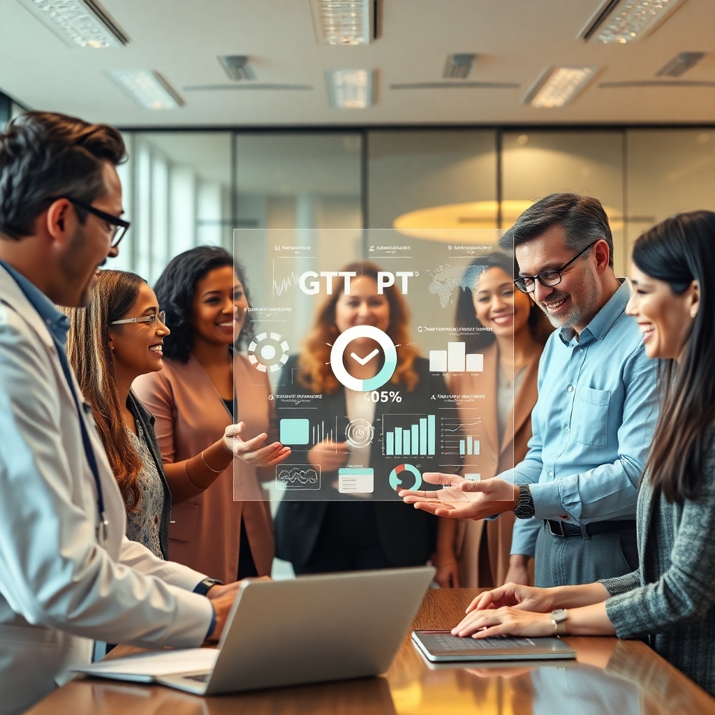 openai - A diverse group of professionals from various industries (healthcare, education, tech, creative) collaborating aroun