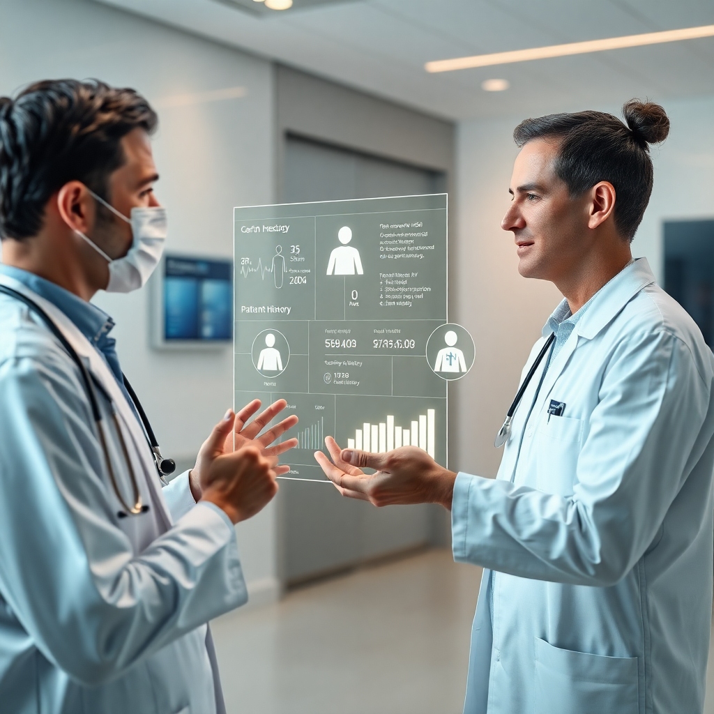 openai - A doctor and a patient interacting with a holographic display showing real-time medical data, AI suggestions, and pa