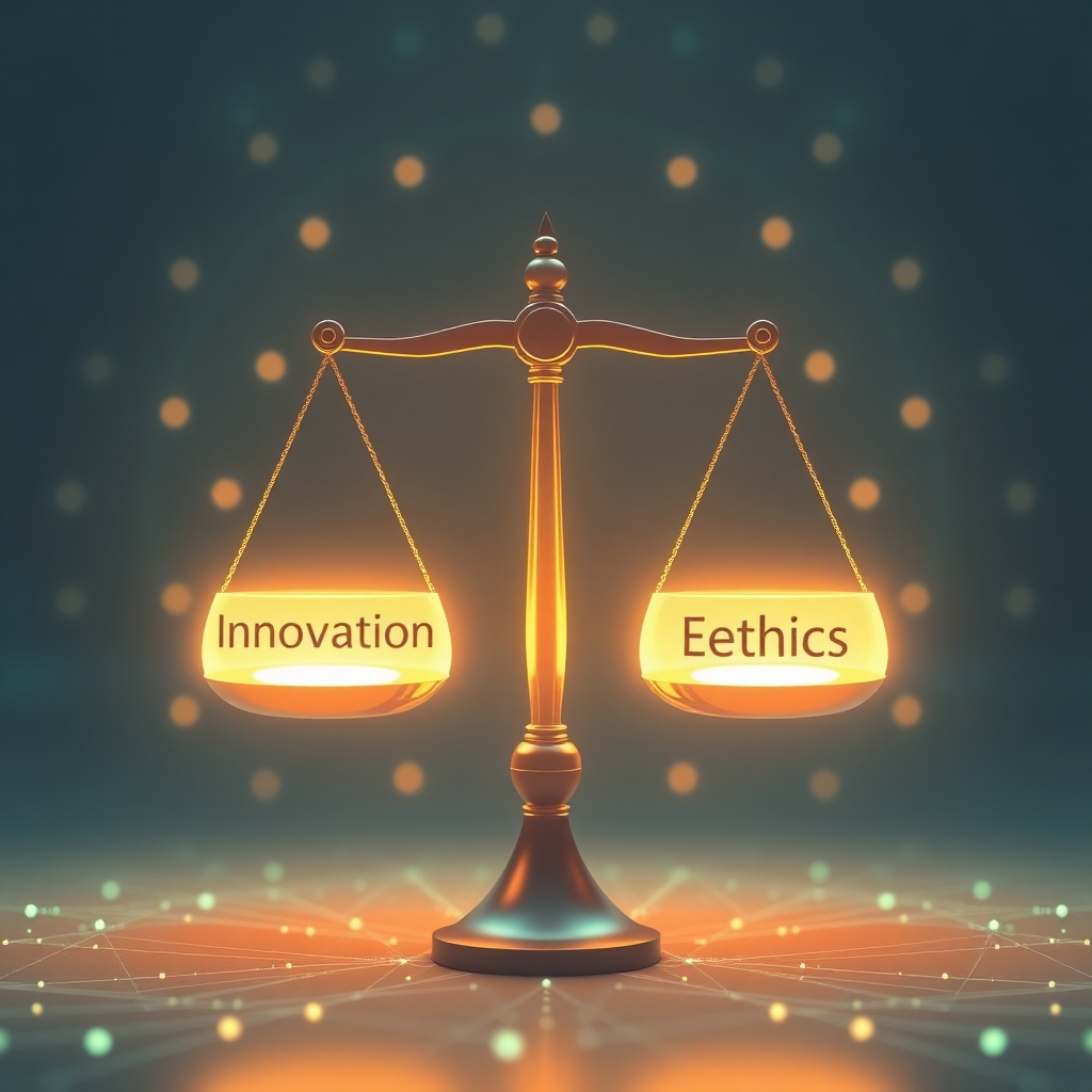 openai - A symbolic image of ethical AI development, featuring a glowing, balanced scale with 'Innovation' on one side and 'E