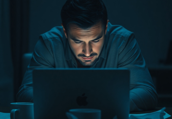 A man in a dimly lit room, hunched over a laptop, looking stressed and conflicted. His face is illuminated by the screen, showing worry lines. Empty coffee cups and crumpled papers are on the desk. The atmosphere is heavy and somber, with cool blue and grey tones, reflecting a sense of isolation and burden. cinematic, highly detailed, photorealistic
