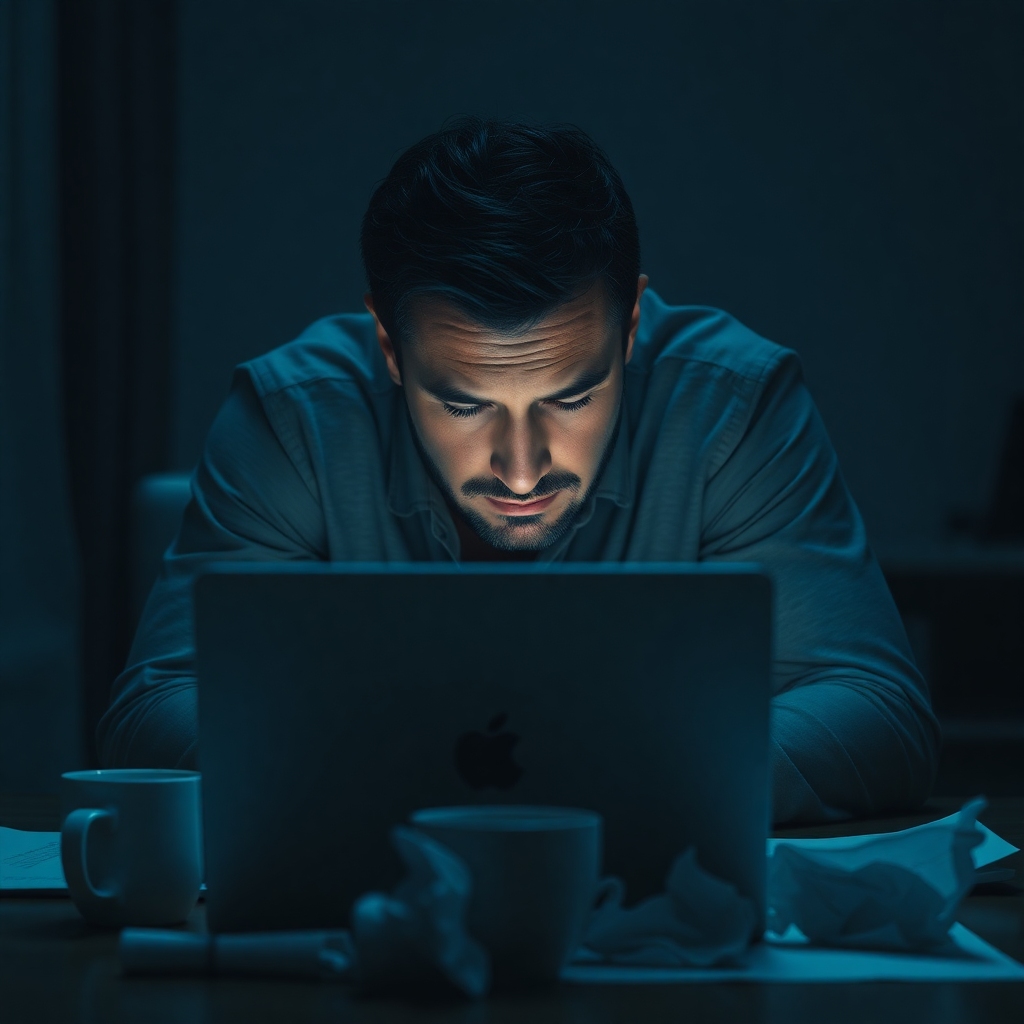 A man in a dimly lit room, hunched over a laptop, looking stressed and conflicted. His face is illuminated by the screen, showing worry lines. Empty coffee cups and crumpled papers are on the desk. The atmosphere is heavy and somber, with cool blue and grey tones, reflecting a sense of isolation and burden. cinematic, highly detailed, photorealistic