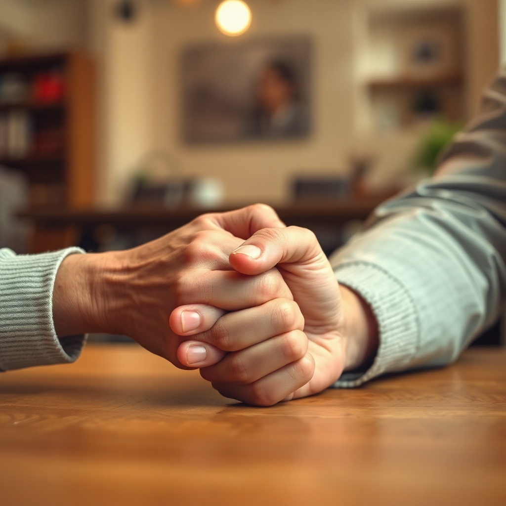 confession - A close-up of two hands, one reaching out to comfort the other, which is clenched into a fist on a table. The ba