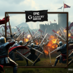 A chaotic medieval battlefield scene from Chivalry 2, featuring knights in shining armor clashing swords, archers firing volleys, and siege weapons in the background, all rendered with realistic detail and a gritty atmosphere. The Epic Games Store logo is subtly integrated into a banner on a distant castle wall, suggesting the game's availability.