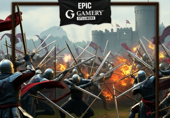 A chaotic medieval battlefield scene from Chivalry 2, featuring knights in shining armor clashing swords, archers firing volleys, and siege weapons in the background, all rendered with realistic detail and a gritty atmosphere. The Epic Games Store logo is subtly integrated into a banner on a distant castle wall, suggesting the game's availability.