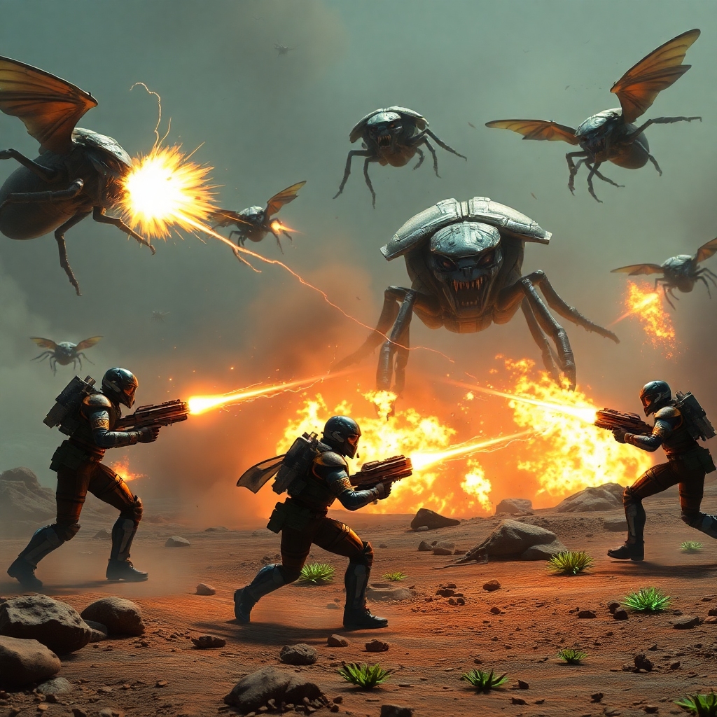 epic - A squad of four Helldivers 2 soldiers in futuristic armor engaging a swarm of giant alien bugs (Terminids) on a hostil