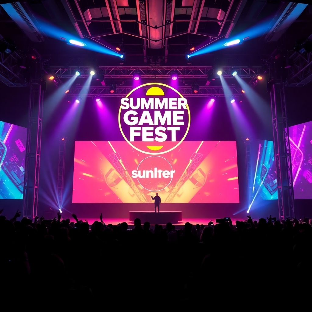 A futuristic stage bathed in vibrant neon lights, displaying a large 'Summer Game Fest' logo on a massive screen. Silhouettes