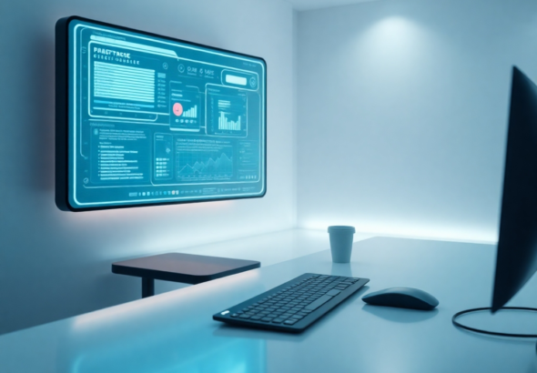 A sleek, futuristic workspace bathed in soft ambient light, featuring a transparent display showing holographic data, a minimalist desk with an ergonomic keyboard and mouse, and a coffee cup. The environment is clean, productive, and hints at advanced AI integration. Muted blues and grays dominate, with subtle glowing accents, cinematic, ultra realistic, highly detailed, 8k quality, photorealistic