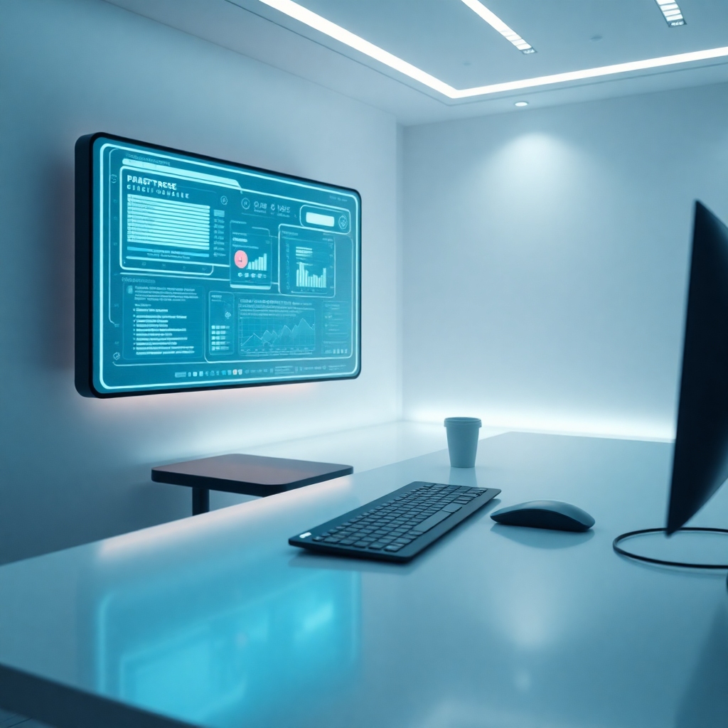 A sleek, futuristic workspace bathed in soft ambient light, featuring a transparent display showing holographic data, a minimalist desk with an ergonomic keyboard and mouse, and a coffee cup. The environment is clean, productive, and hints at advanced AI integration. Muted blues and grays dominate, with subtle glowing accents, cinematic, ultra realistic, highly detailed, 8k quality, photorealistic