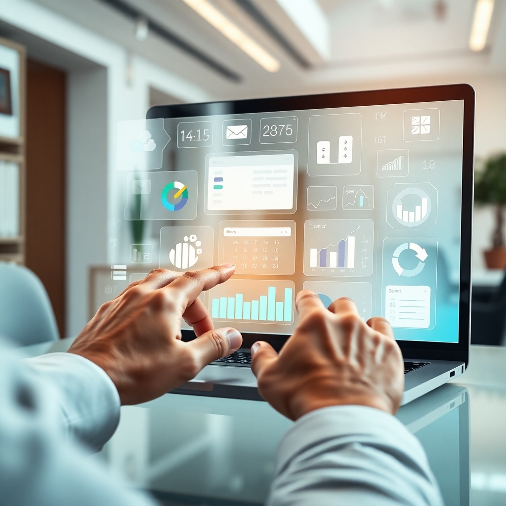 microsofts - A person's hands interacting with a holographic interface projected from a sleek laptop, showing various product
