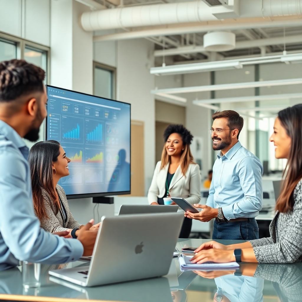 microsofts - A diverse group of professionals collaborating seamlessly in a modern, open-plan office space. One person is ges