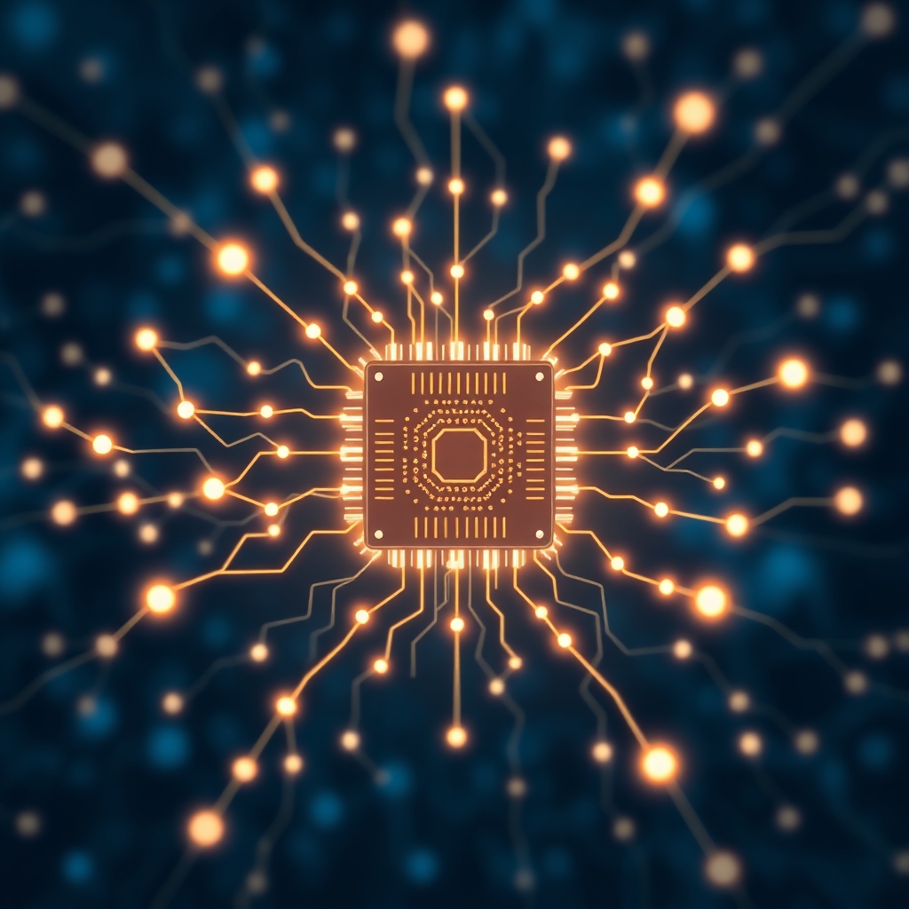 microsofts - A stylized, glowing neural network representing artificial intelligence, with interconnected nodes and lines ema