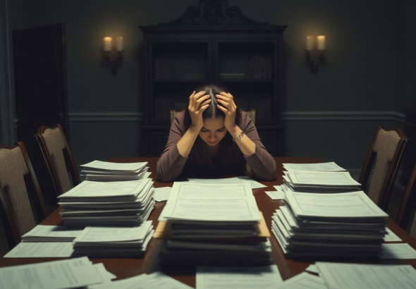 A woman sits alone at a large, empty dining table, head in hands, surrounded by stacks of official-looking financial documents and bills. The room is dimly lit, reflecting a sense of despair and overwhelming burden. The style is realistic, melancholic, with muted colors and a focus on the emotional impact of financial ruin. Photorealistic, 8k quality.