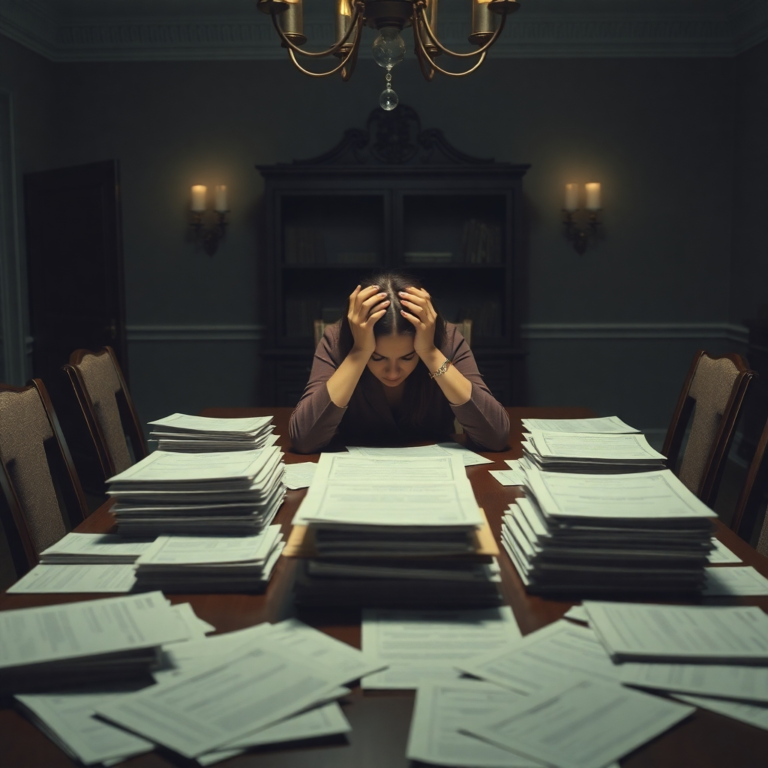 A woman sits alone at a large, empty dining table, head in hands, surrounded by stacks of official-looking financial documents and bills. The room is dimly lit, reflecting a sense of despair and overwhelming burden. The style is realistic, melancholic, with muted colors and a focus on the emotional impact of financial ruin. Photorealistic, 8k quality.