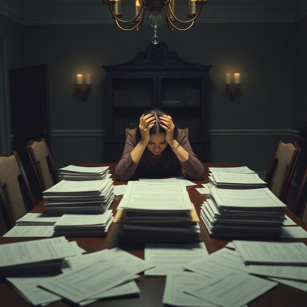 A woman sits alone at a large, empty dining table, head in hands, surrounded by stacks of official-looking financial documents and bills. The room is dimly lit, reflecting a sense of despair and overwhelming burden. The style is realistic, melancholic, with muted colors and a focus on the emotional impact of financial ruin. Photorealistic, 8k quality.
