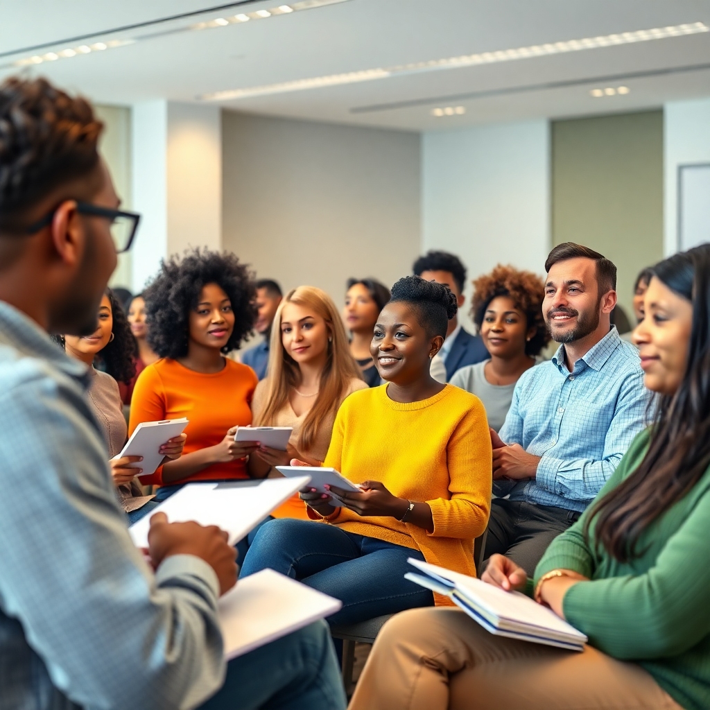 decadelong - A diverse group of people attending a financial literacy workshop, looking engaged and taking notes. The room is