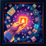 A vibrant, stylized illustration of a hand reaching out to grab a glowing video game icon, surrounded by a swirling vortex of digital particles and game covers, set against a dark, futuristic background, conveying excitement and discovery, with bright neon colors, cinematic lighting, ultra detailed, concept art style