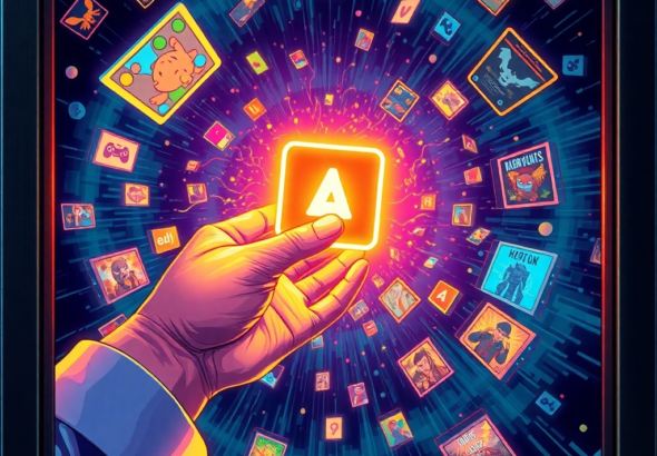 A vibrant, stylized illustration of a hand reaching out to grab a glowing video game icon, surrounded by a swirling vortex of digital particles and game covers, set against a dark, futuristic background, conveying excitement and discovery, with bright neon colors, cinematic lighting, ultra detailed, concept art style