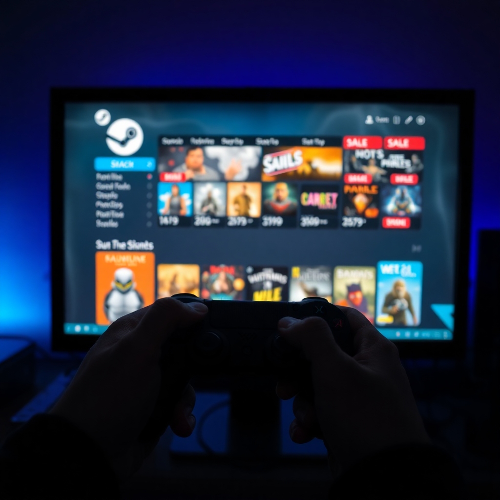 grab - A dynamic shot of a gamer's hands holding a gamepad, silhouetted against a glowing computer screen displaying a bustli