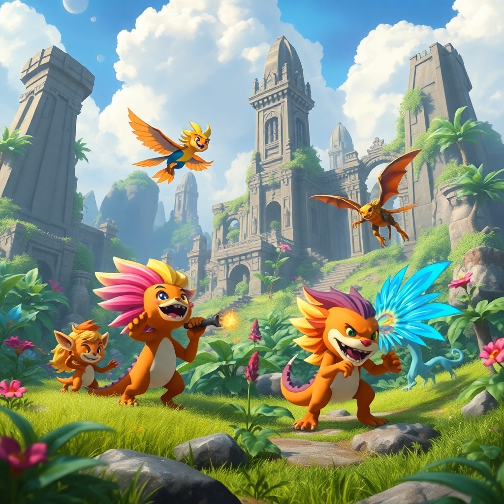 grab - A fantastical scene within Palworld, featuring a group of diverse and colorful 'Pals' (creature companions) interactin