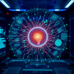 A futuristic, sleek AI interface displaying a complex neural network, with holographic projections of text, images, and musical notes swirling around a central glowing orb, representing the multimodal capabilities of GPT-7. Dark blue and purple hues dominate, with subtle green data streams, high-tech lab environment, ultra realistic, highly detailed, 8k quality, cinematic atmosphere, photorealistic