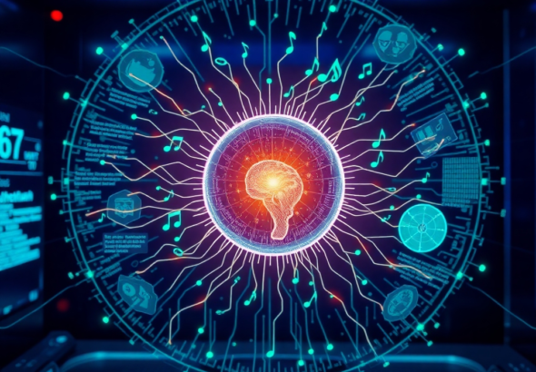 A futuristic, sleek AI interface displaying a complex neural network, with holographic projections of text, images, and musical notes swirling around a central glowing orb, representing the multimodal capabilities of GPT-7. Dark blue and purple hues dominate, with subtle green data streams, high-tech lab environment, ultra realistic, highly detailed, 8k quality, cinematic atmosphere, photorealistic