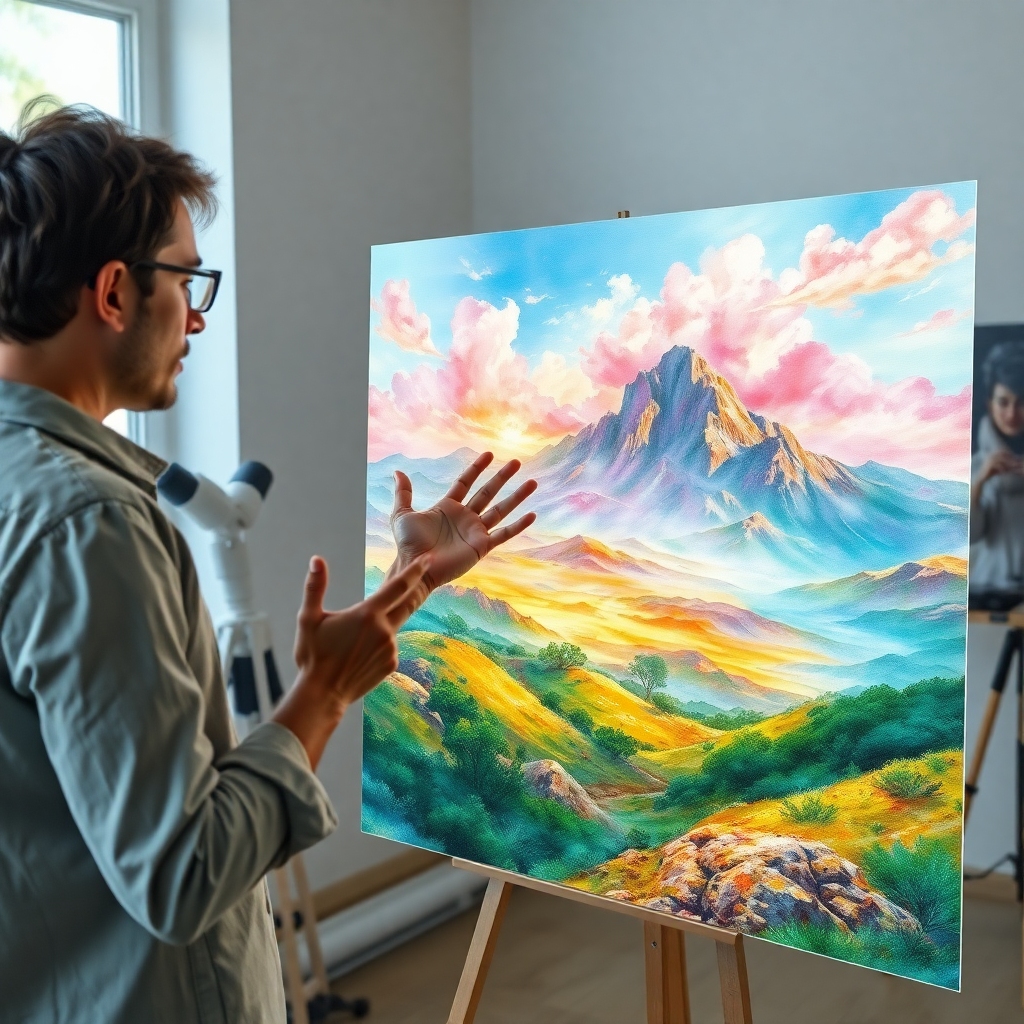openai - A digital artist collaborating with a holographic AI interface, creating a surreal landscape painting with vibrant c