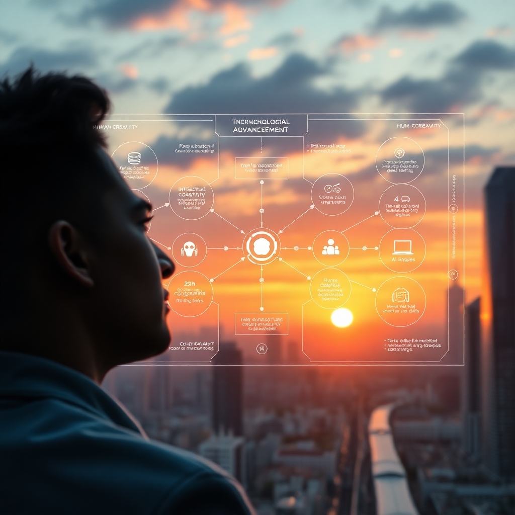 openai - A person looking thoughtfully at a complex infographic displaying a balance between technological advancement and et