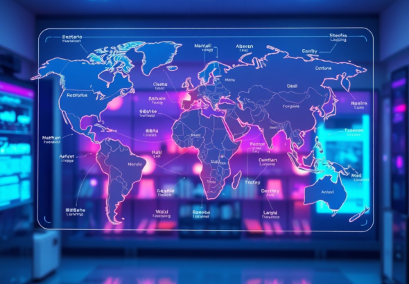 futuristic holographic display showing real-time language translation in multiple languages, glowing lines connecting diverse individuals across a global map, sleek user interface, vibrant blue and purple hues, high-tech laboratory background, cinematic, ultra realistic, highly detailed, 8k quality, photorealistic, concept art