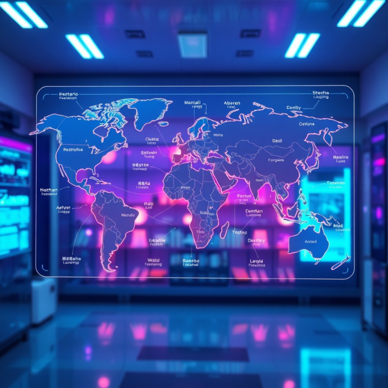 futuristic holographic display showing real-time language translation in multiple languages, glowing lines connecting diverse individuals across a global map, sleek user interface, vibrant blue and purple hues, high-tech laboratory background, cinematic, ultra realistic, highly detailed, 8k quality, photorealistic, concept art