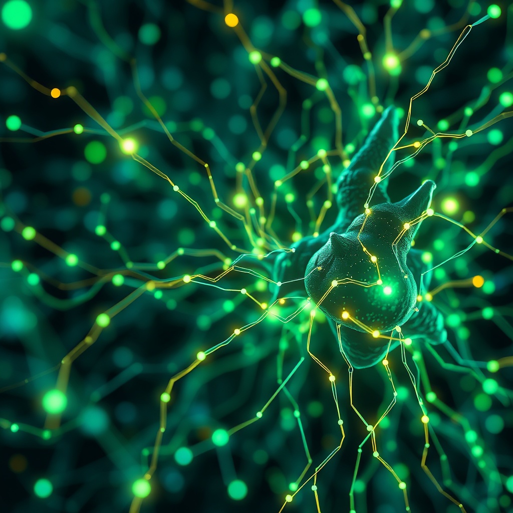 synthetica - detailed close-up of a sophisticated AI neural network glowing with intricate connections, representing the 'Cog