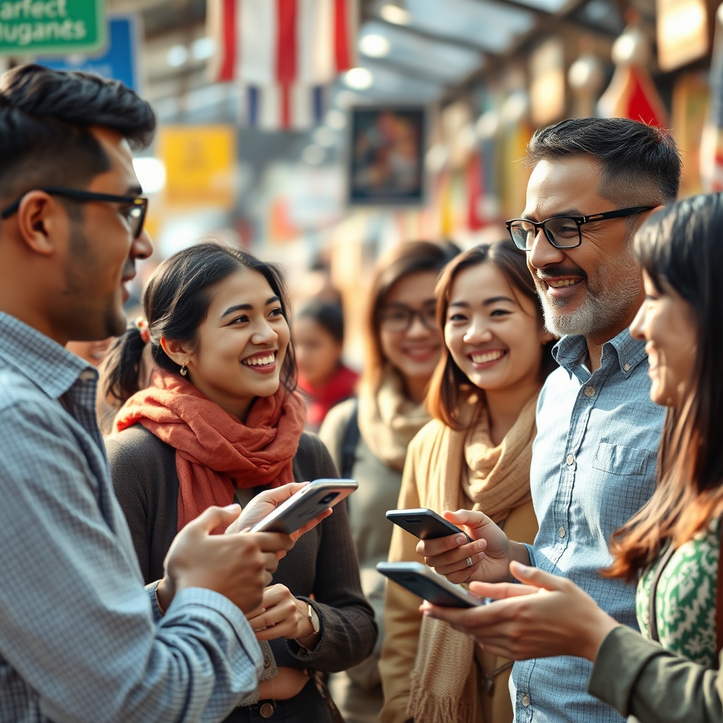 synthetica - diverse group of people from different countries and cultures interacting seamlessly, using advanced real-time t