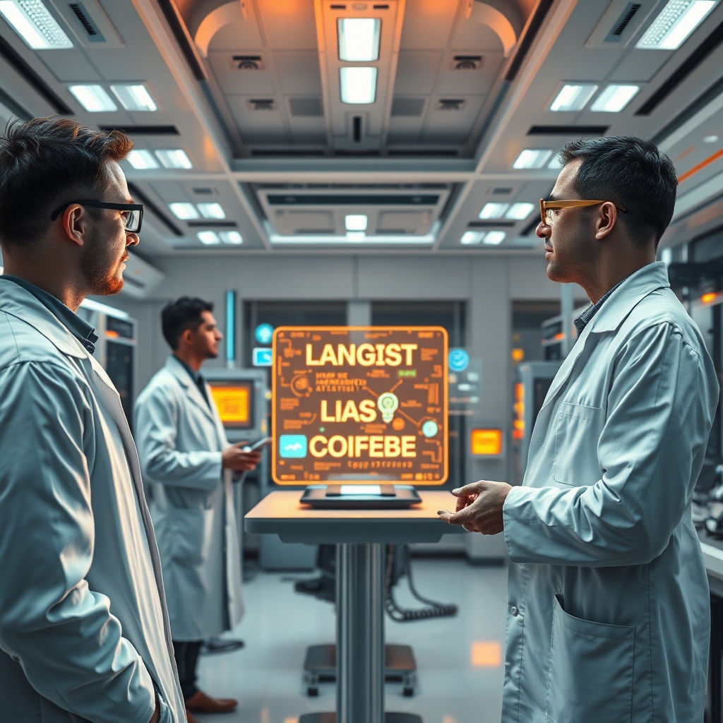 synthetica - futuristic laboratory setting with scientists in white coats observing glowing holographic displays of language