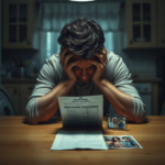 A person sitting alone at a kitchen table, head in hands, dimly lit, a medical bill and a photo of a family on the table, conveying deep stress and a difficult decision, natural light, realistic, 8k quality, cinematic atmosphere