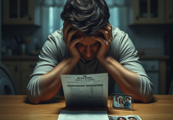 A person sitting alone at a kitchen table, head in hands, dimly lit, a medical bill and a photo of a family on the table, conveying deep stress and a difficult decision, natural light, realistic, 8k quality, cinematic atmosphere