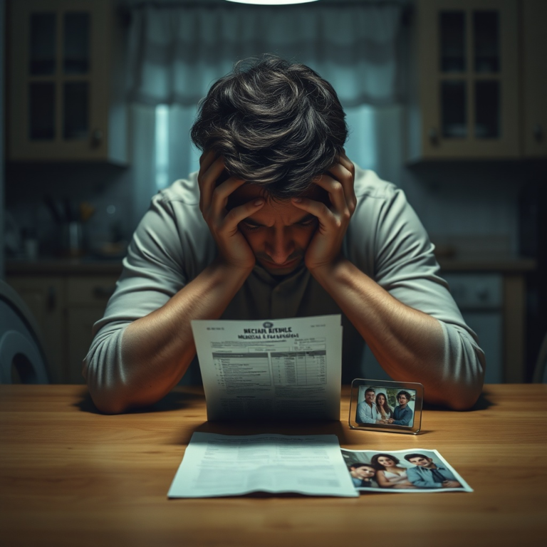 A person sitting alone at a kitchen table, head in hands, dimly lit, a medical bill and a photo of a family on the table, conveying deep stress and a difficult decision, natural light, realistic, 8k quality, cinematic atmosphere