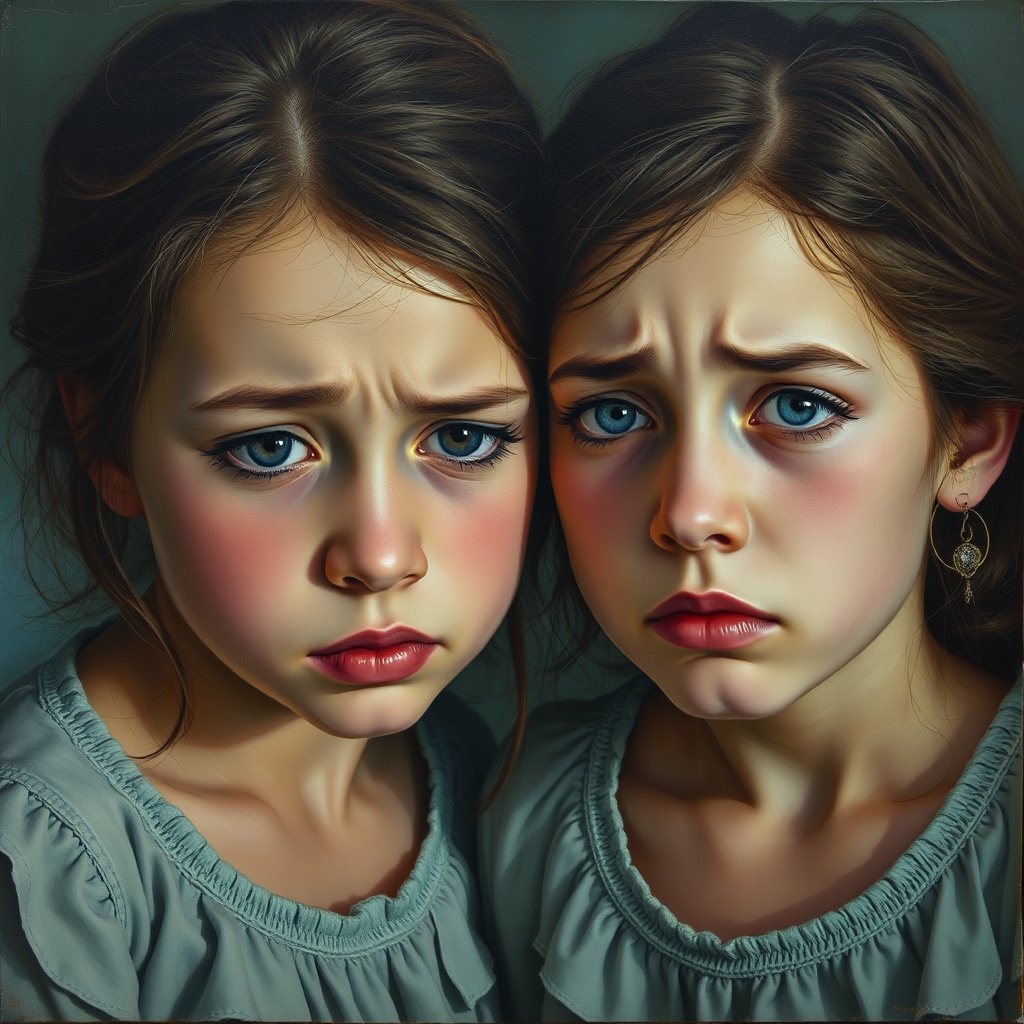 aita - Two sisters, one looking heartbroken and betrayed, the other with a look of immense regret and sadness, in a softly li