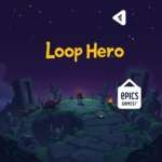 A stylized digital art image of the game Loop Hero's title screen, featuring pixel art characters and a dark fantasy aesthetic, with the Epic Games Store logo subtly integrated into the corner. The scene depicts a lone hero walking on a looping path surrounded by menacing creatures and ancient ruins under a dim, starry sky. The overall mood is mysterious and adventurous, with deep purples and greens dominating the color palette, highly detailed pixel art, 8k quality, game art style.