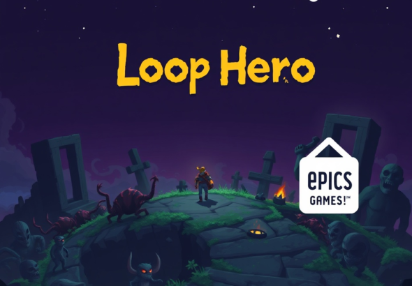 A stylized digital art image of the game Loop Hero's title screen, featuring pixel art characters and a dark fantasy aesthetic, with the Epic Games Store logo subtly integrated into the corner. The scene depicts a lone hero walking on a looping path surrounded by menacing creatures and ancient ruins under a dim, starry sky. The overall mood is mysterious and adventurous, with deep purples and greens dominating the color palette, highly detailed pixel art, 8k quality, game art style.