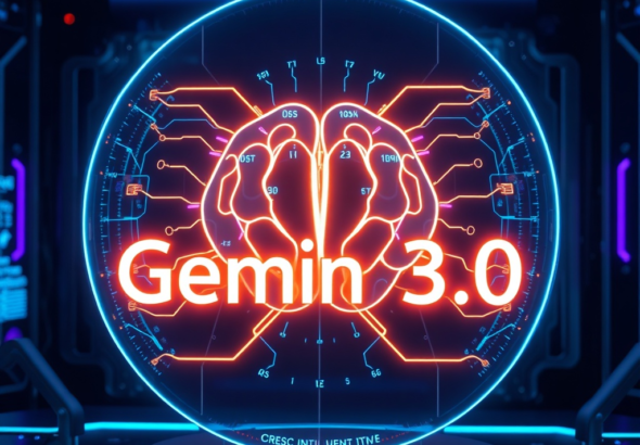 A futuristic, sleek holographic representation of the Gemini Ultra 3.0 logo, with glowing multimodal data streams (text, images, audio waves) converging into a central brain-like node, set against a dark, technologically advanced background, blue and purple neon lights, high-tech, cinematic, ultra realistic, highly detailed, 8k quality