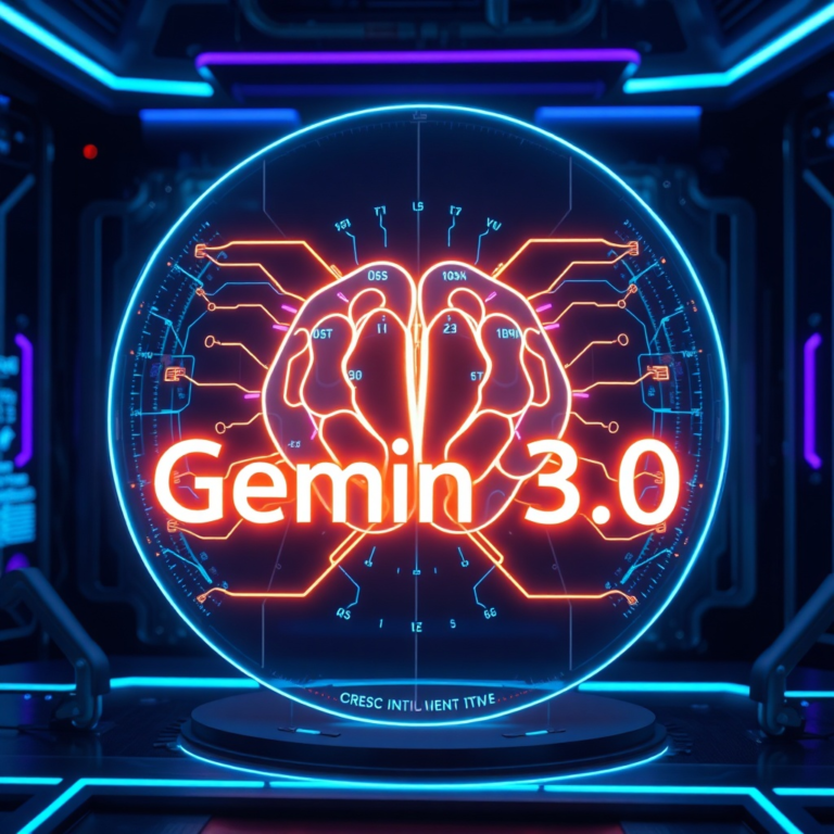 A futuristic, sleek holographic representation of the Gemini Ultra 3.0 logo, with glowing multimodal data streams (text, images, audio waves) converging into a central brain-like node, set against a dark, technologically advanced background, blue and purple neon lights, high-tech, cinematic, ultra realistic, highly detailed, 8k quality