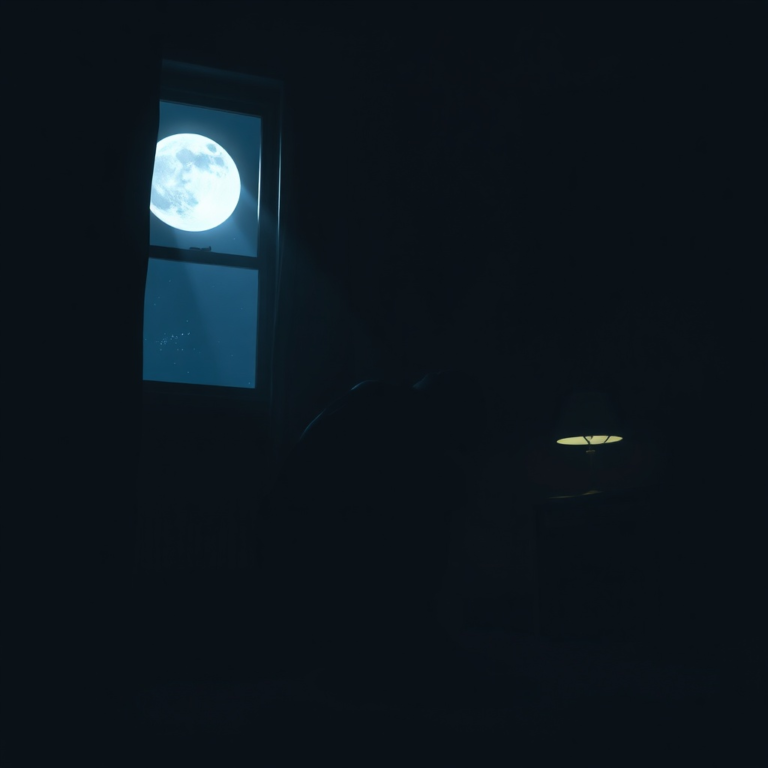 A solitary figure sits hunched over in a dimly lit room, head in hands, surrounded by shadows. The mood is somber and heavy with regret, with a single beam of moonlight cutting through a window, illuminating dust motes. The room is sparse, perhaps a small apartment or a study, emphasizing isolation. The color palette is muted blues and grays, with a touch of warm light from a distant lamp. Realistic, cinematic, highly detailed, 8k quality, photorealistic