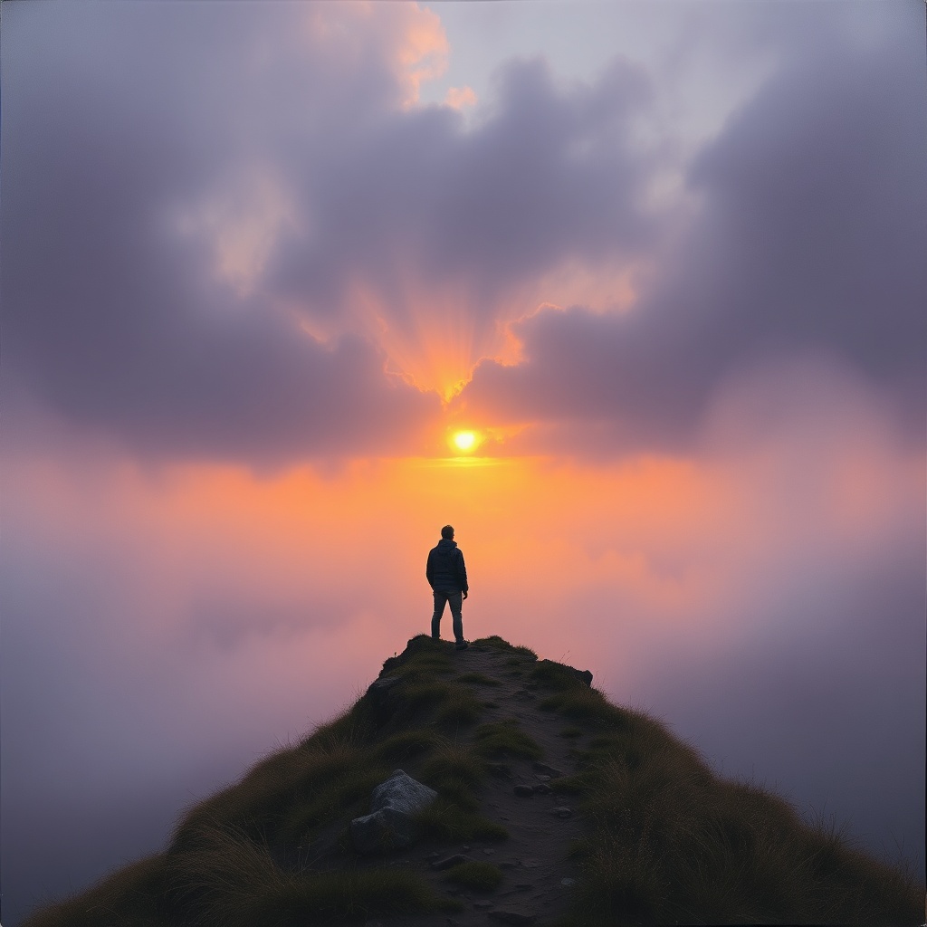 confession - A person stands at the edge of a vast, misty landscape, looking towards a faint sunrise breaking through dark cl