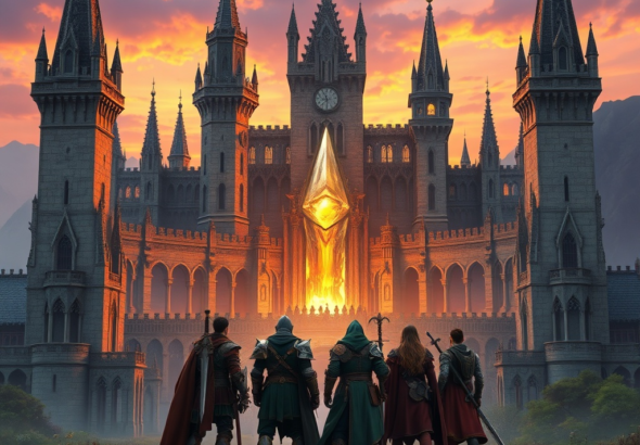 A majestic medieval fantasy city named Aethelburg at dawn, with towering spires, intricate stone architecture, and a glowing crystal at its center. Four diverse fantasy heroes stand in the foreground, looking towards the city, dressed in armor and wielding magical weapons. The sky is a mix of orange and purple hues, with a sense of epic adventure and wonder. Highly detailed, cinematic, high fantasy art style, ultra realistic, 8k quality, photorealistic