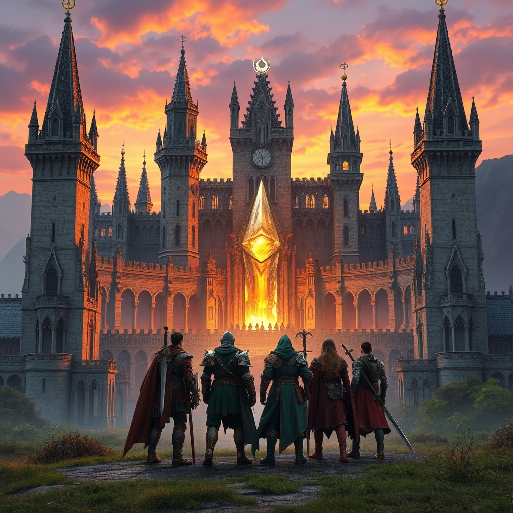 A majestic medieval fantasy city named Aethelburg at dawn, with towering spires, intricate stone architecture, and a glowing crystal at its center. Four diverse fantasy heroes stand in the foreground, looking towards the city, dressed in armor and wielding magical weapons. The sky is a mix of orange and purple hues, with a sense of epic adventure and wonder. Highly detailed, cinematic, high fantasy art style, ultra realistic, 8k quality, photorealistic