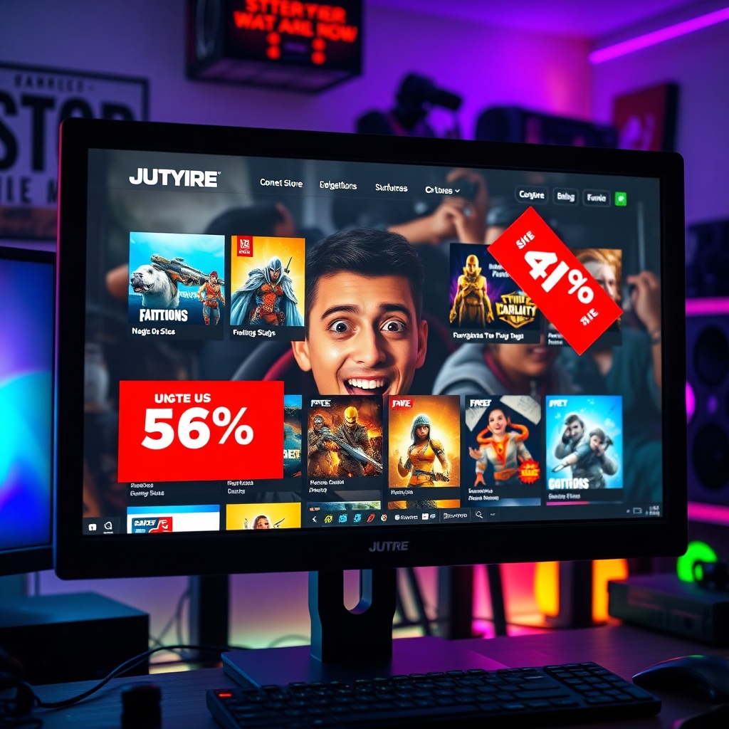 epic - A vibrant and bustling digital storefront on a computer screen, displaying multiple game tiles with large red discount