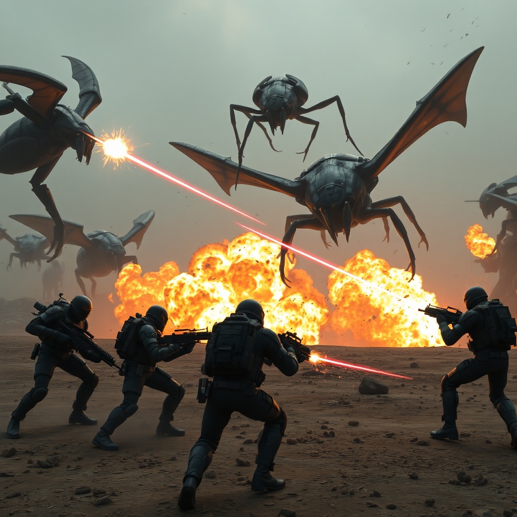 A chaotic scene from the game Helldivers 2, with a squad of four heavily armored soldiers engaging giant alien bugs on a deso