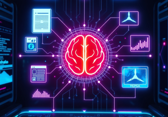 A futuristic holographic interface displaying interconnected data points from various modalities: text documents, image thumbnails, audio waveforms, and video frames, all converging into a central glowing AI brain icon. The environment is sleek, dark, and high-tech, with neon blue and purple accents, representing advanced AI processing, ultra realistic, highly detailed, 8k quality, cinematic lighting.