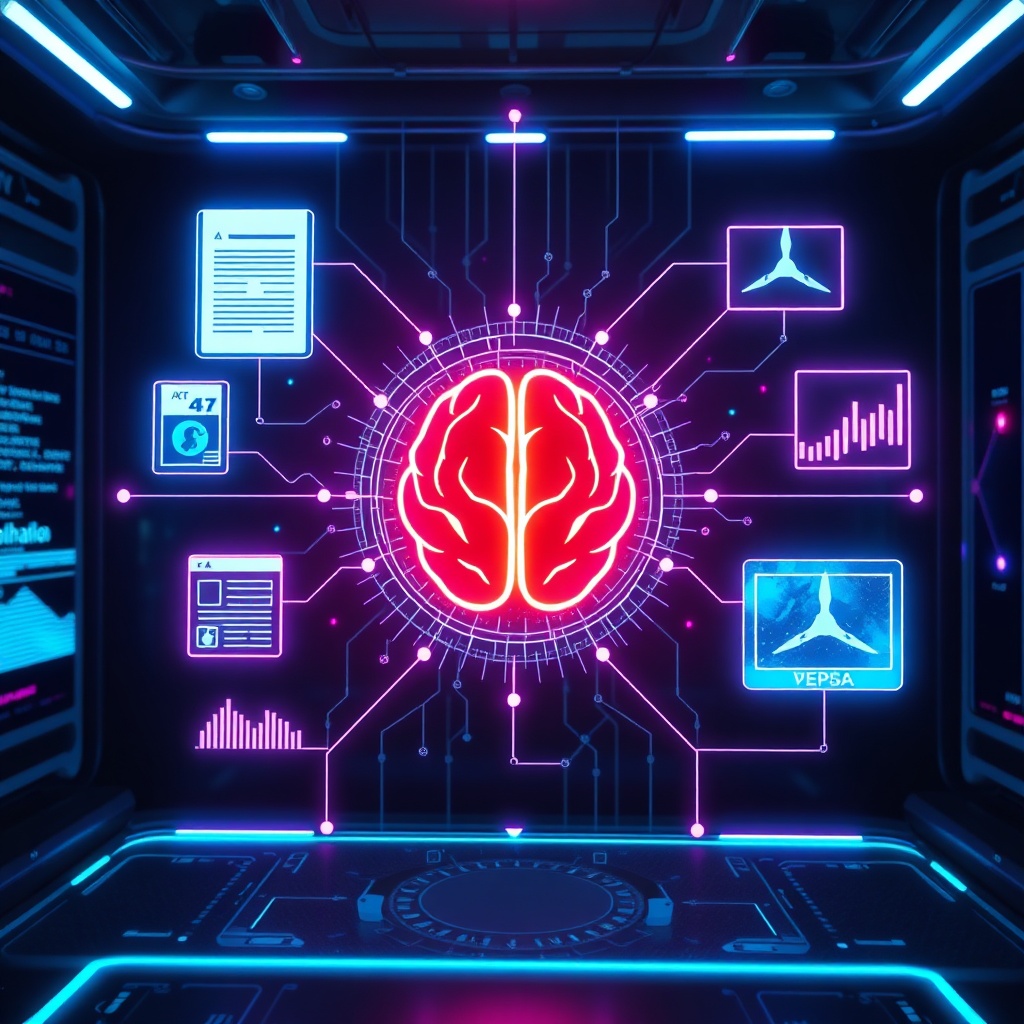A futuristic holographic interface displaying interconnected data points from various modalities: text documents, image thumbnails, audio waveforms, and video frames, all converging into a central glowing AI brain icon. The environment is sleek, dark, and high-tech, with neon blue and purple accents, representing advanced AI processing, ultra realistic, highly detailed, 8k quality, cinematic lighting.
