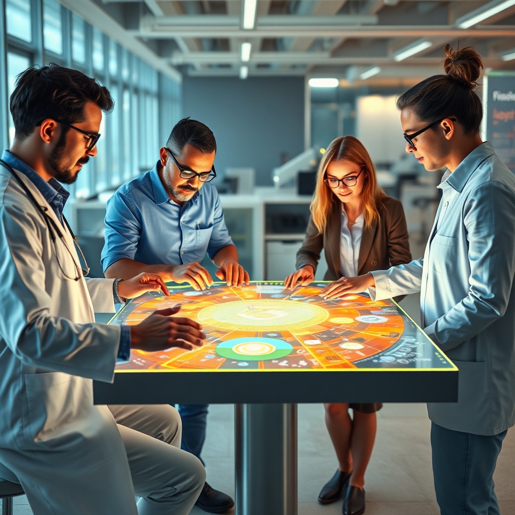 openais - A diverse group of professionals from different industries (doctor, engineer, artist, educator) collaborating aroun